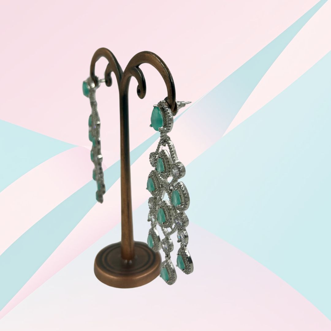 Aqua Elegance Cascading American Diamond Earrings