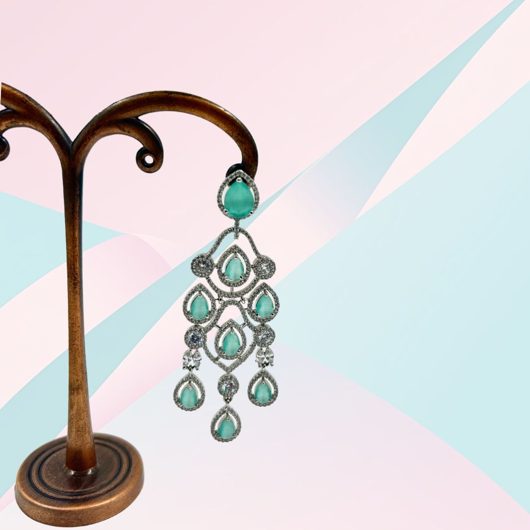 Aqua Elegance Cascading American Diamond Earrings