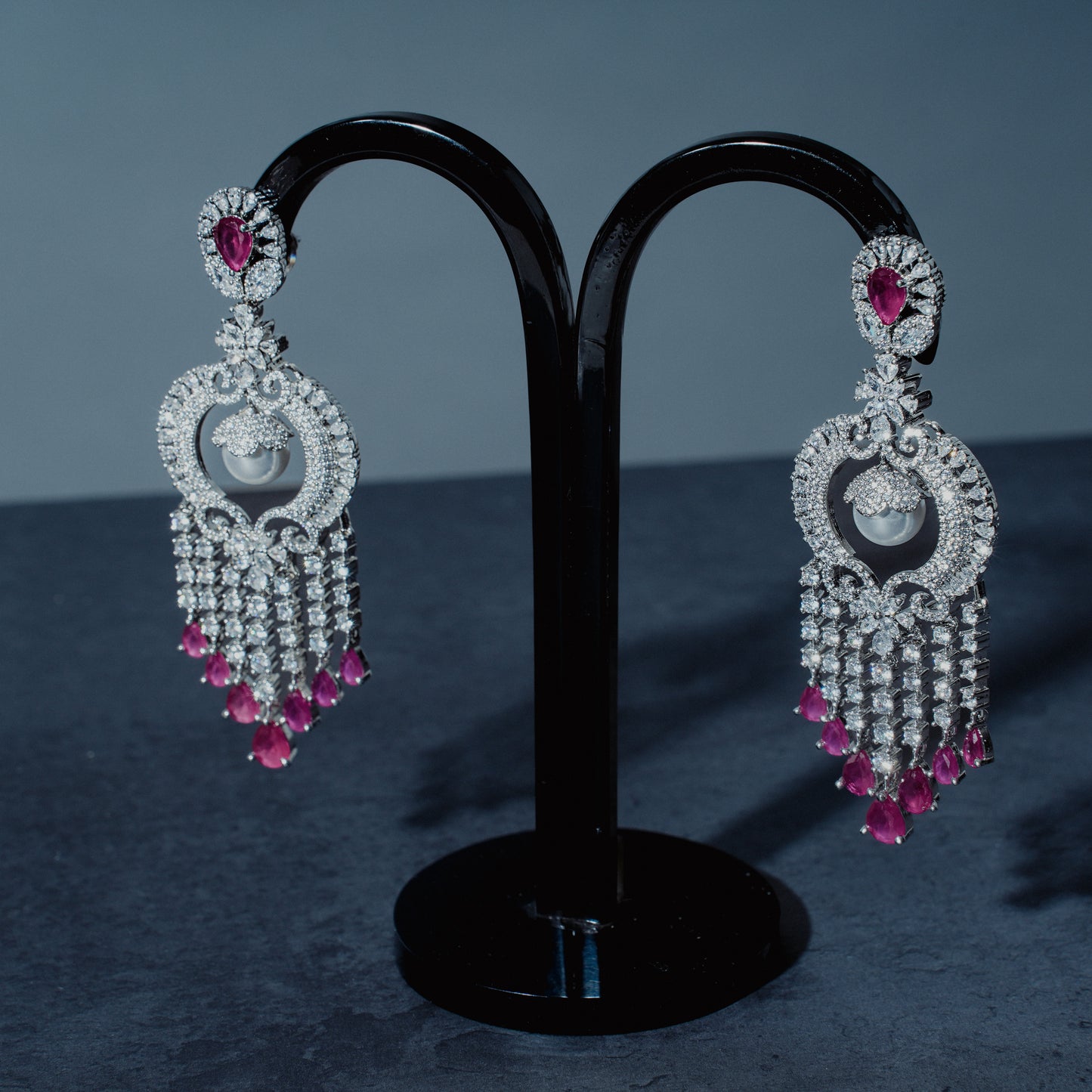 Royal Pearl & Ruby American Diamond Chandelier Earrings