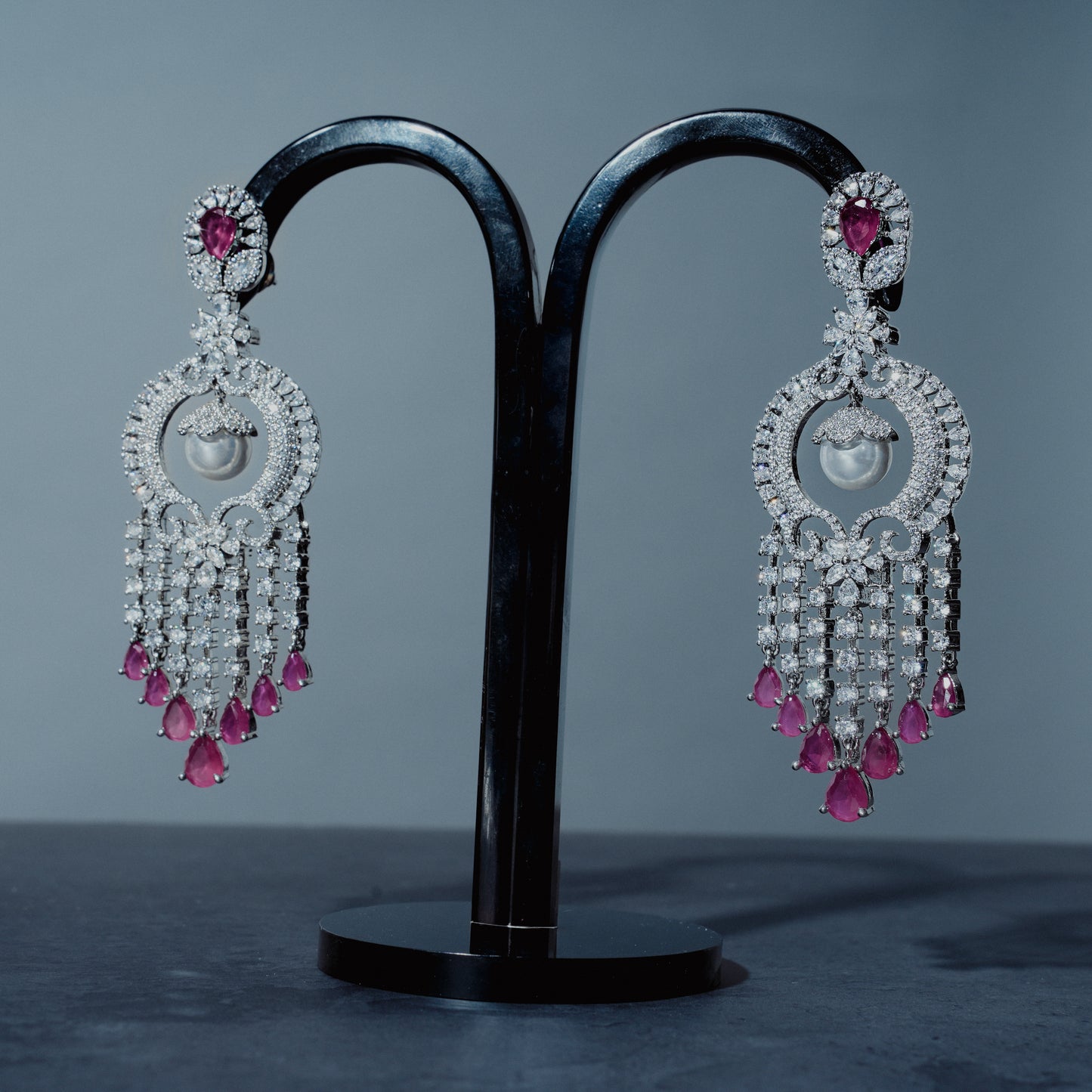 Royal Pearl & Ruby American Diamond Chandelier Earrings