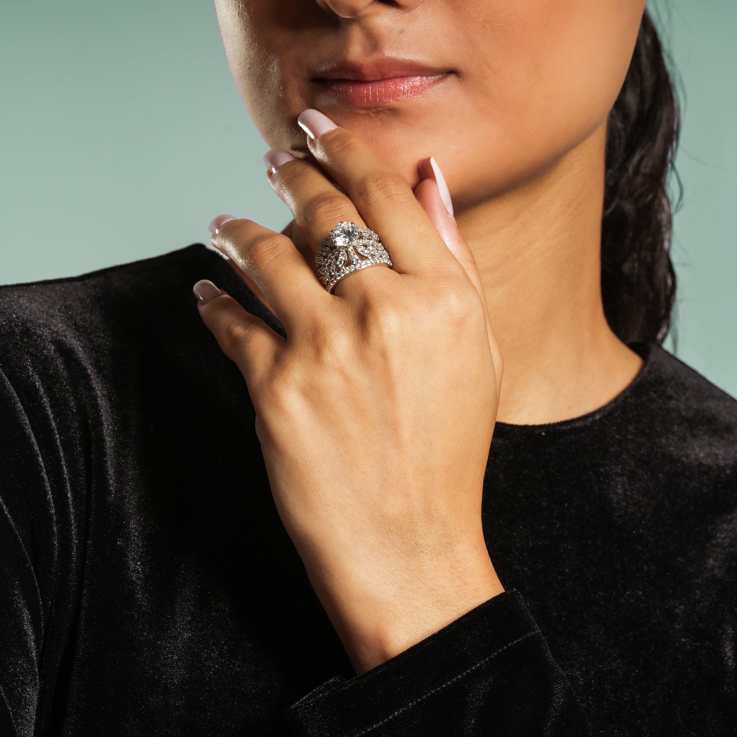 Elegant Sterling Silver and American Diamond Statement Ring with Intricate Detailing