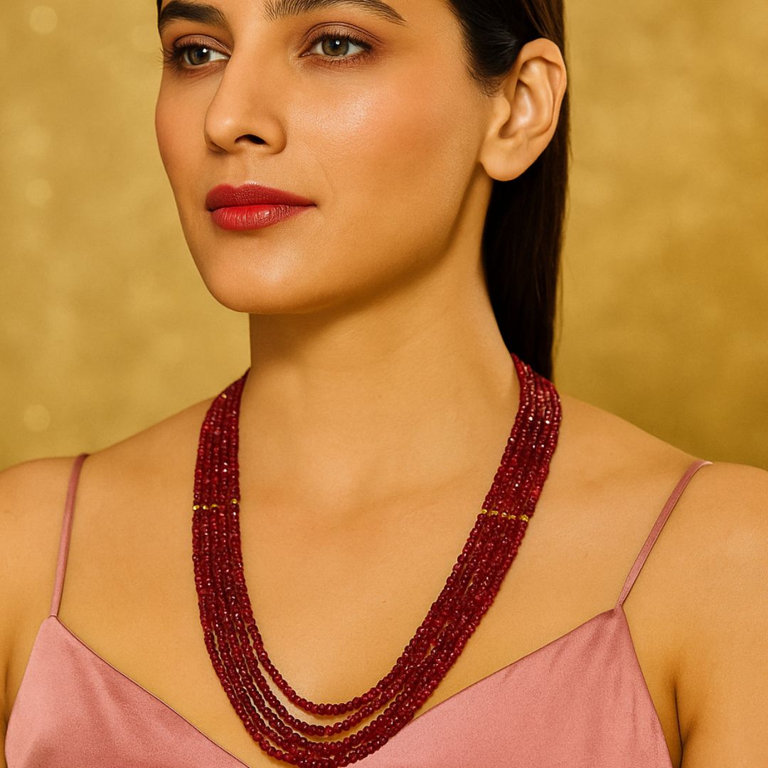 Elegant Ruby Red Multi-Strand Beaded Necklace
