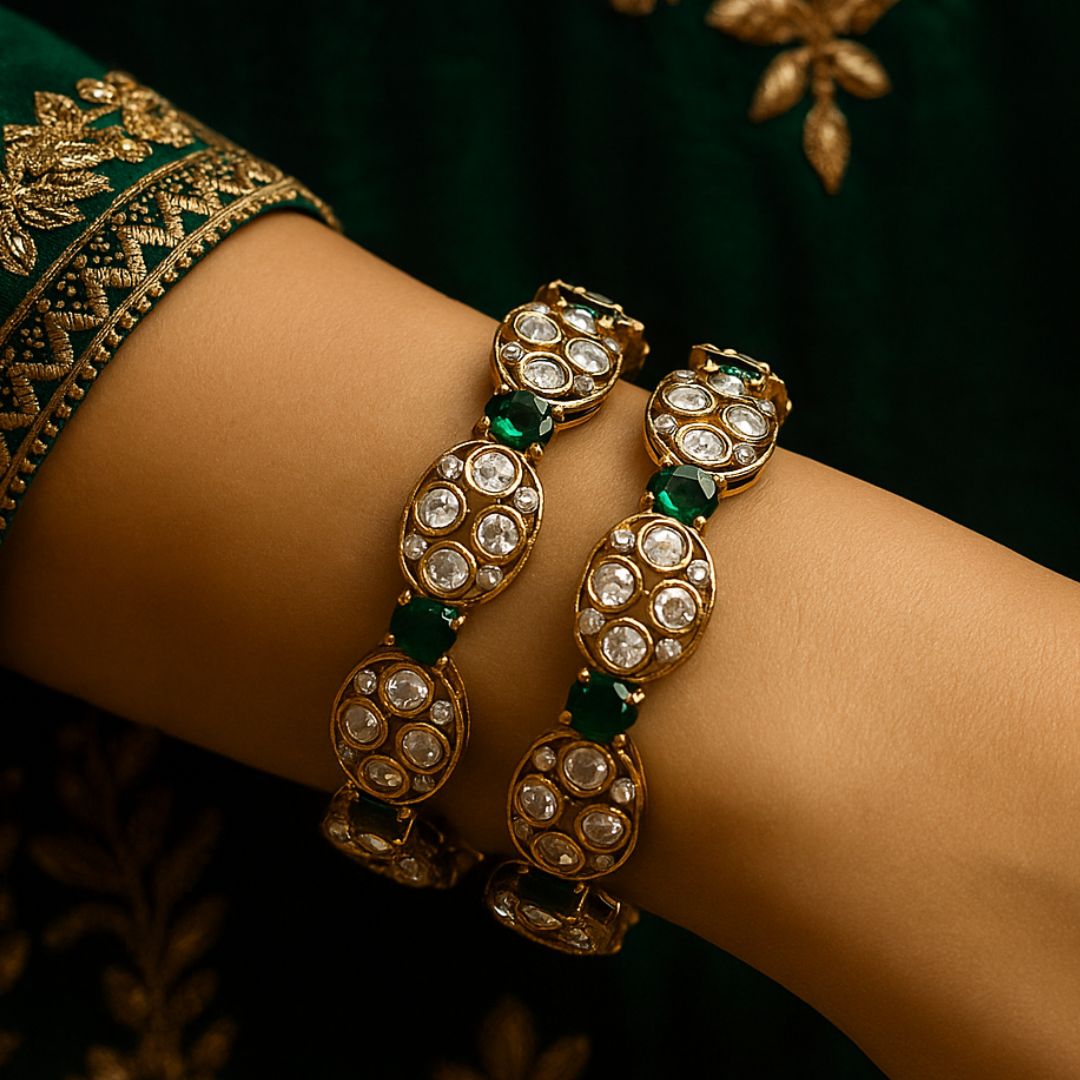 Regal Kundan & Emerald Gold Bangles