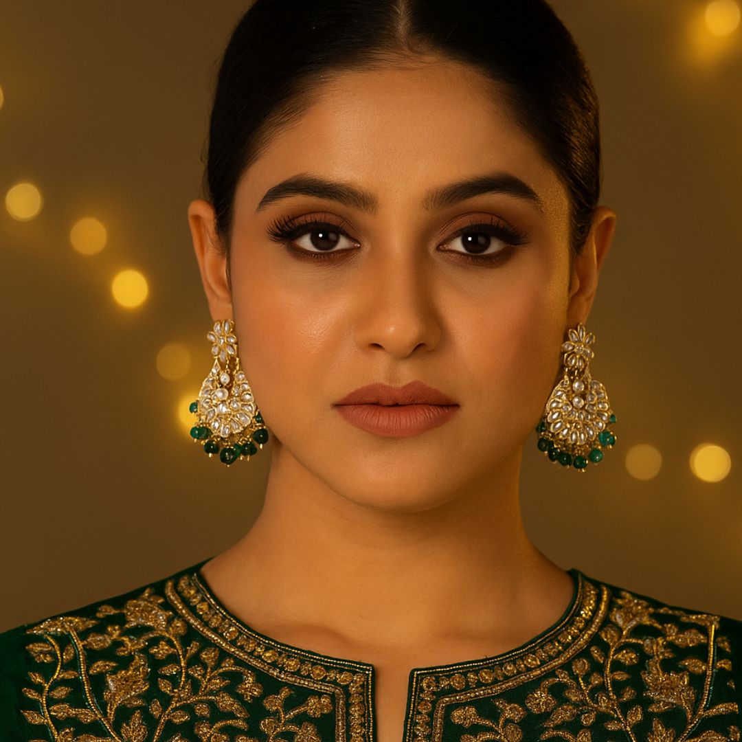 Royal Emerald Pachi Kundan Chandbali Earrings