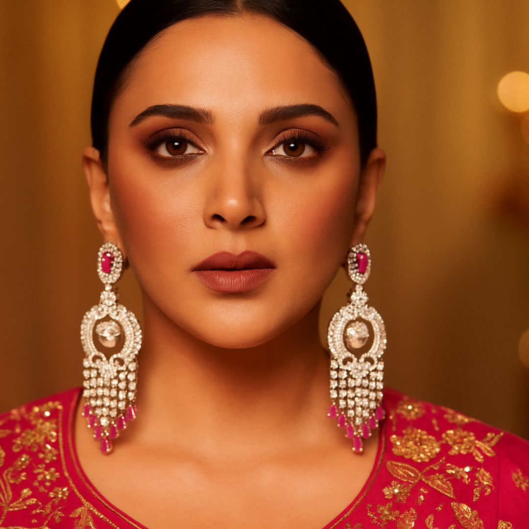 Royal Pearl & Ruby American Diamond Chandelier Earrings