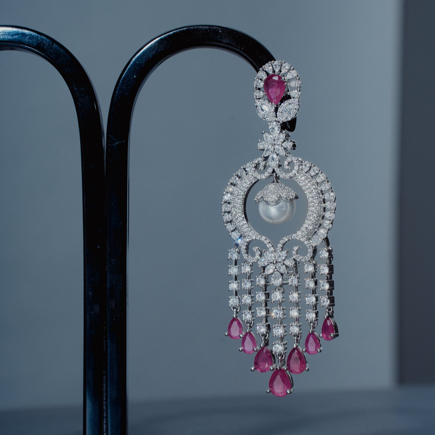 Royal Pearl & Ruby American Diamond Chandelier Earrings