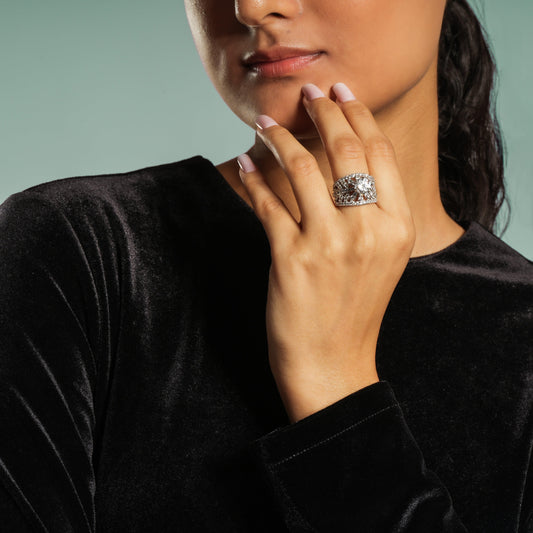 Elegant Sterling Silver and American Diamond Statement Ring with Intricate Detailing