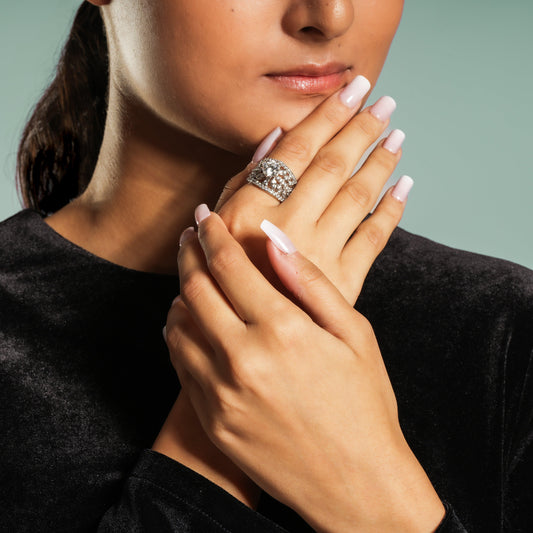 Elegant Sterling Silver and American Diamond Statement Ring with Intricate Detailing