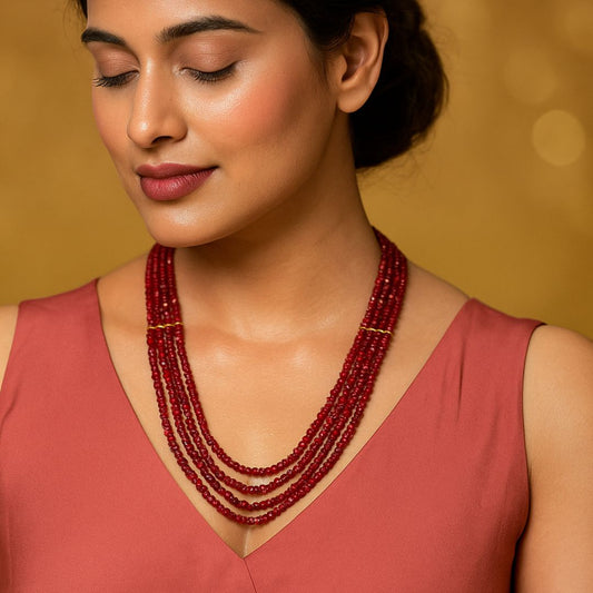Elegant Ruby Red Multi-Strand Beaded Necklace