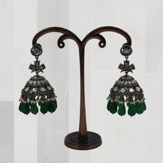 Regal Green Drop Oxidised Jhumka Earrings