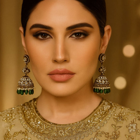 Regal Green Drop Oxidised Jhumka Earrings