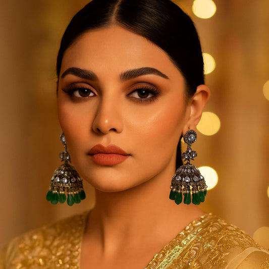 Regal Green Drop Oxidised Jhumka Earrings