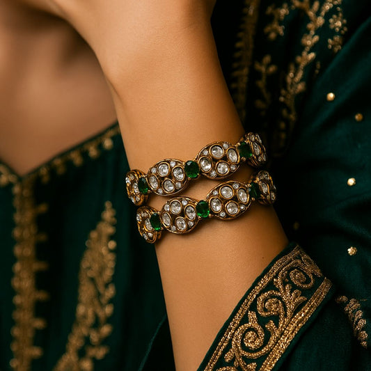 Regal Kundan & Emerald Gold  Bangles