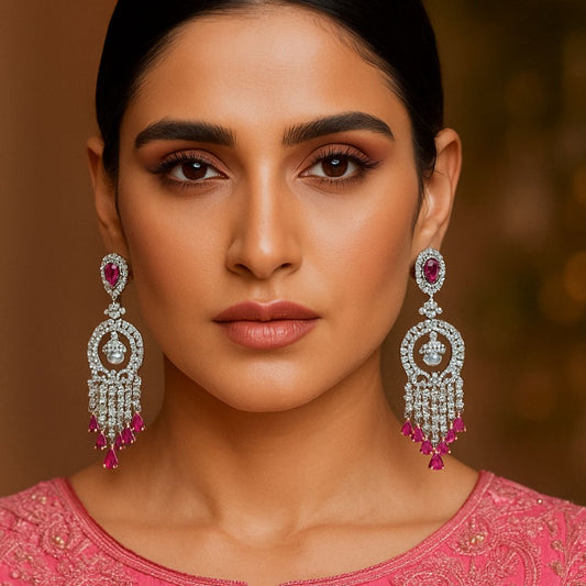 Royal Pearl & Ruby American Diamond Chandelier Earrings